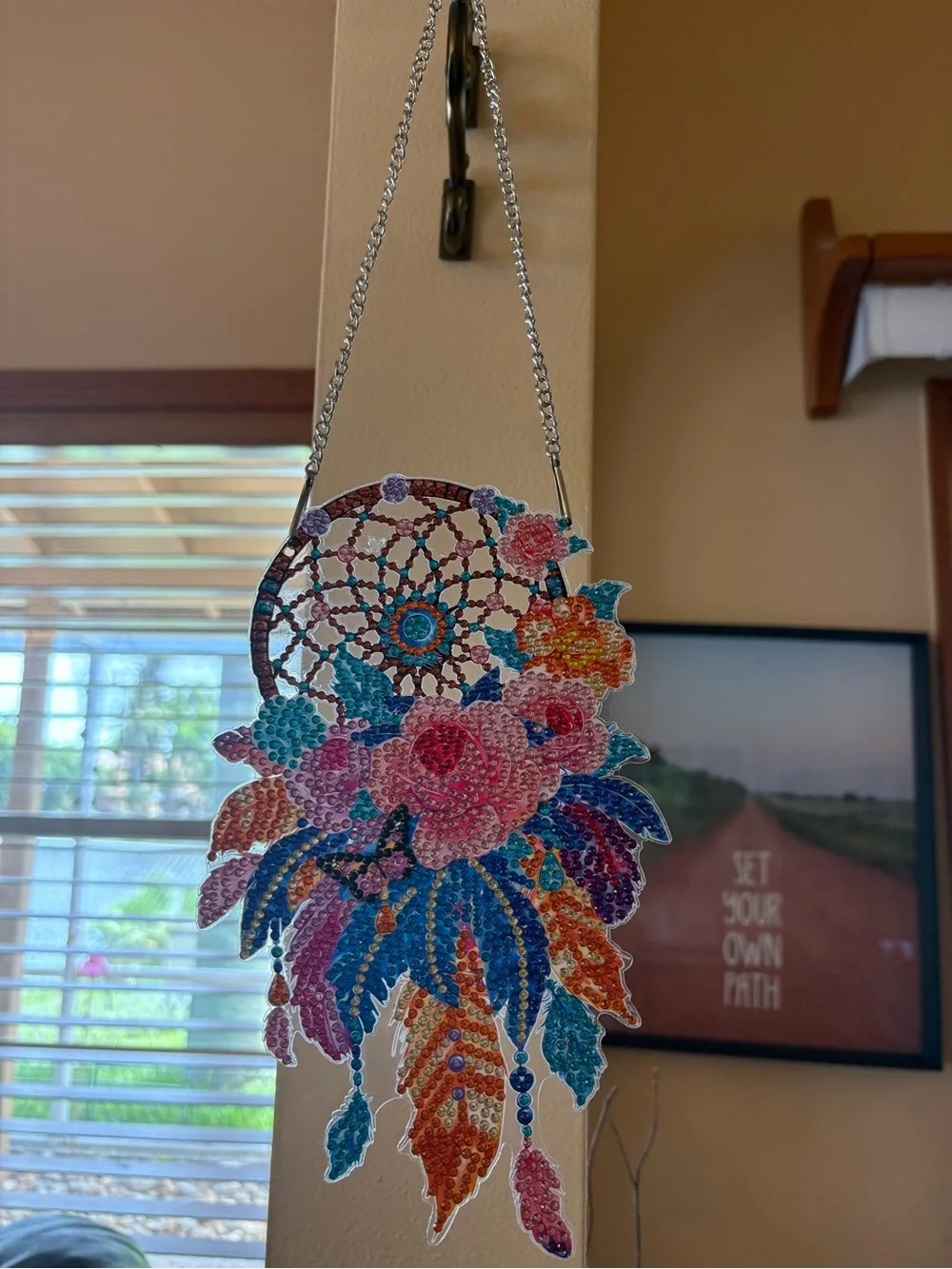 Beautiful NWT Handmade Floral Dreamcatcher Glass Hanging Art. 9” x 5.5” - Picture 2 of 4
